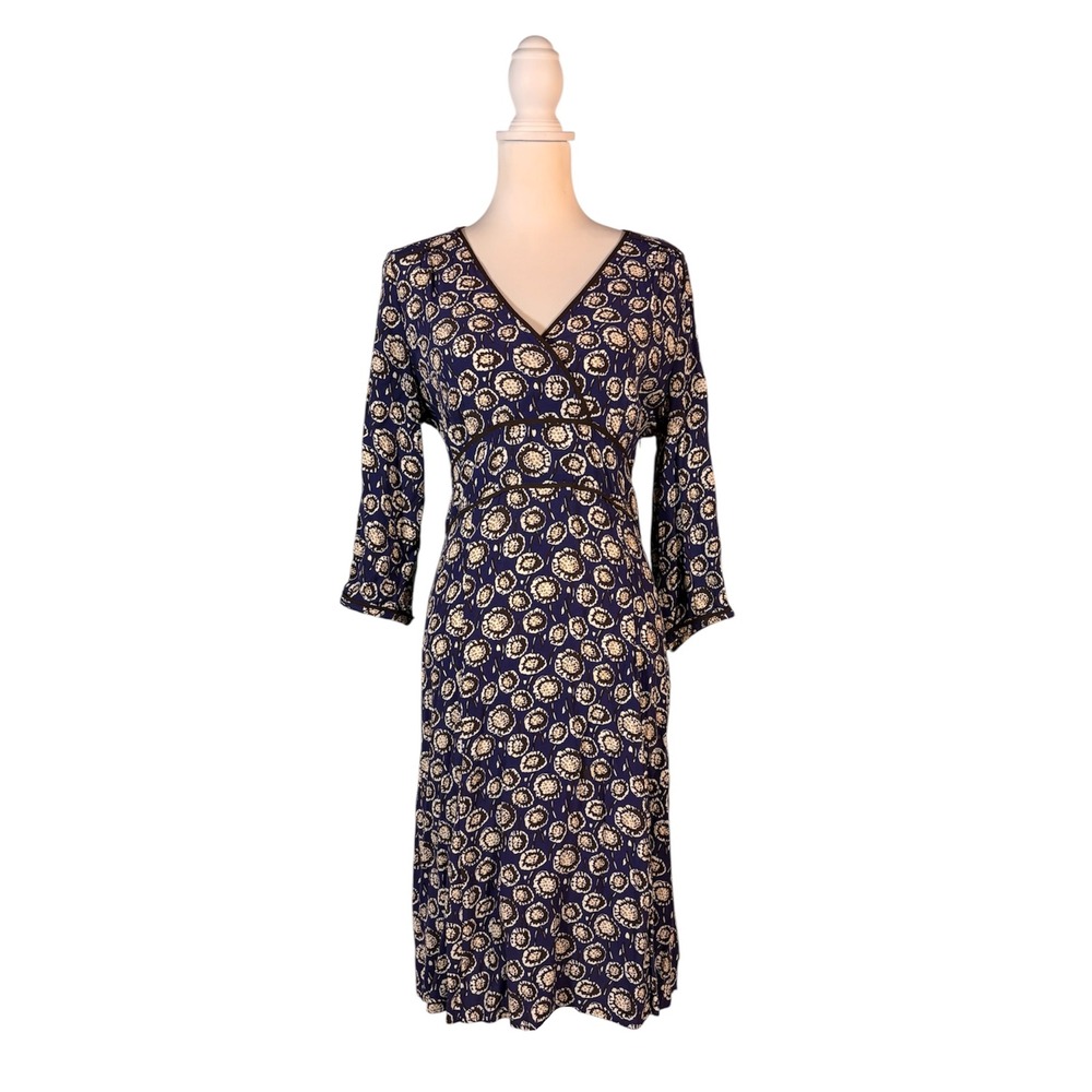 Boden 3/4 Sleeve Midi Dress Abstract Sunflower UK 14R US 10R Classic British
